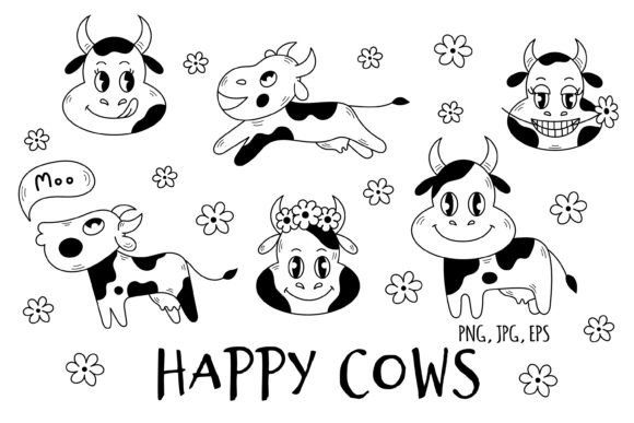 Cows and Cute hand drawn spotted cow with udder in classic cartoon doodle style. Funny black line art retro animal characters for milk, dairy product, farm package design, bottle, mug, tote bag, butter, yogurt, cheese, food, drink, kids, posters, cards. Cow sketch portrait, head, face. Zip includes – 6 PNG with transparent background – 6 JPG square cards on white background – 1 EPS with all elements 4167 x 4167 px RGB High resolution 300 dpi. You can use this files for Card making, Stickers, Home decor, Invitation, Social media, Kids crafts, Party decoration, Website design, DIY Project, Handmade decoupage, scrapbooking , T-shirt prints, Mug, Tumbler, Frame art, Nursery, Business and greeting cards, Book cover, etc..