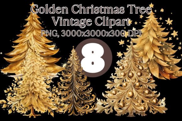 Golden Christmas Tree Clipart Bundle