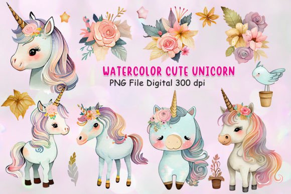 Watercolor Cute Unicorn Clipart Bundle