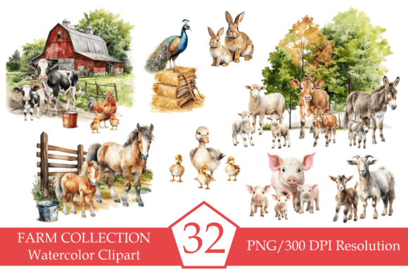 Watercolor Farm Animals, Clipart Bundle