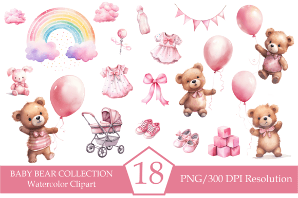 Watercolor Teddy Bear, Pink Baby Bear